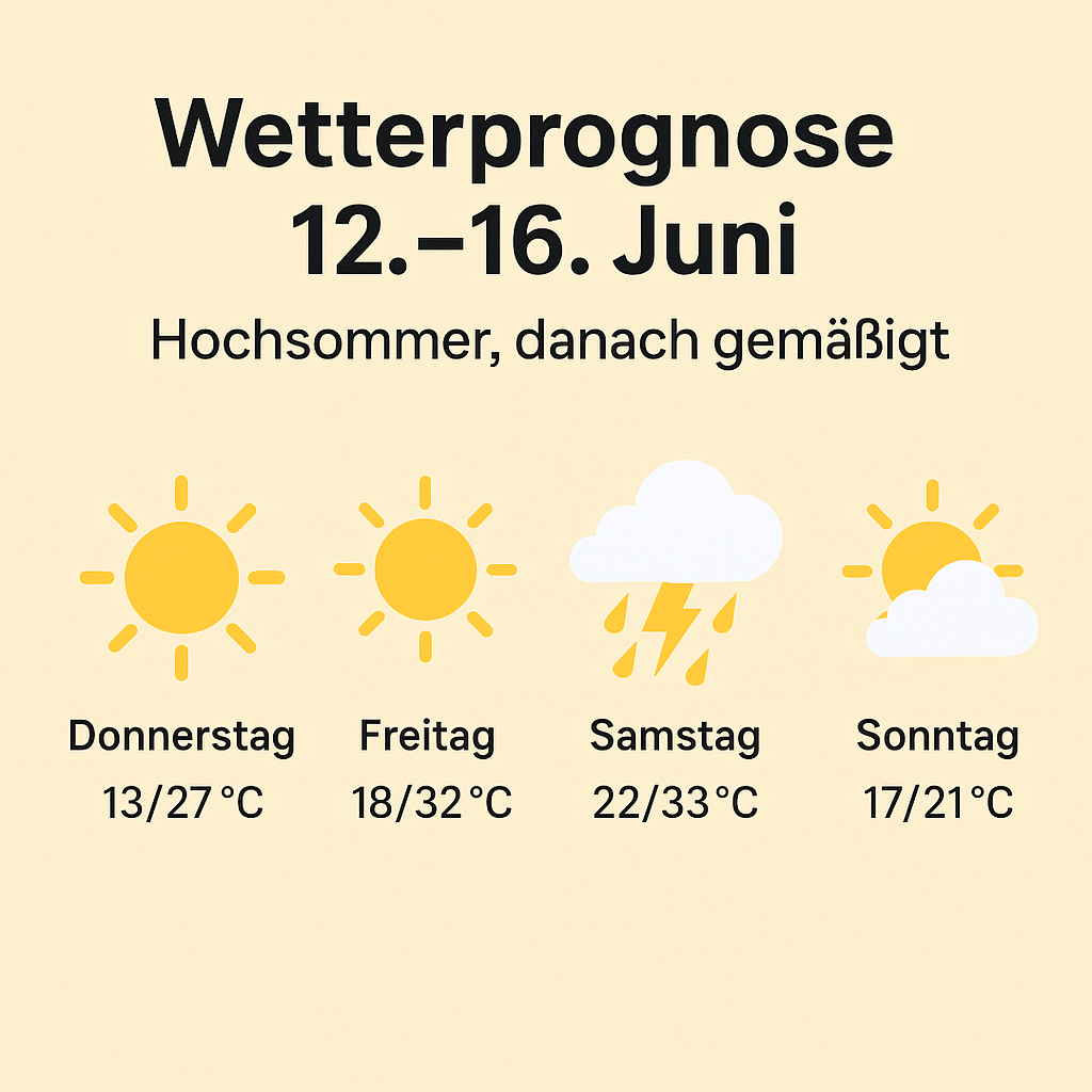 🌤️ Wetterprognose 12.–16. Juni: Hochsommer, dann&nbsp;gemäßigt