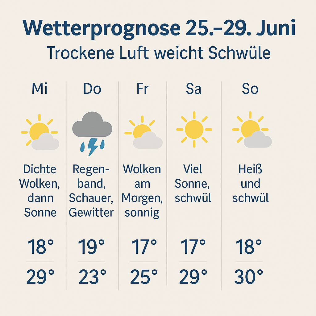 🌤️ Wetterprognose 25.–29. Juni 🔄 Trockene Luft weicht schwüler Wärme – wechselhaftes Frühsommerwetter